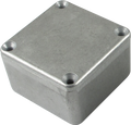 Small square metal enclosure box with rounded corners and four screw holes on the lid.