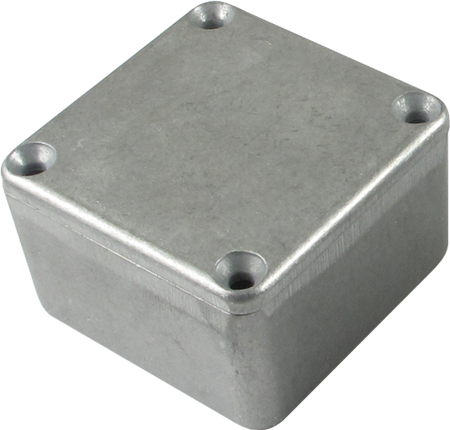 Small square metal enclosure box with rounded corners and four screw holes on the lid.