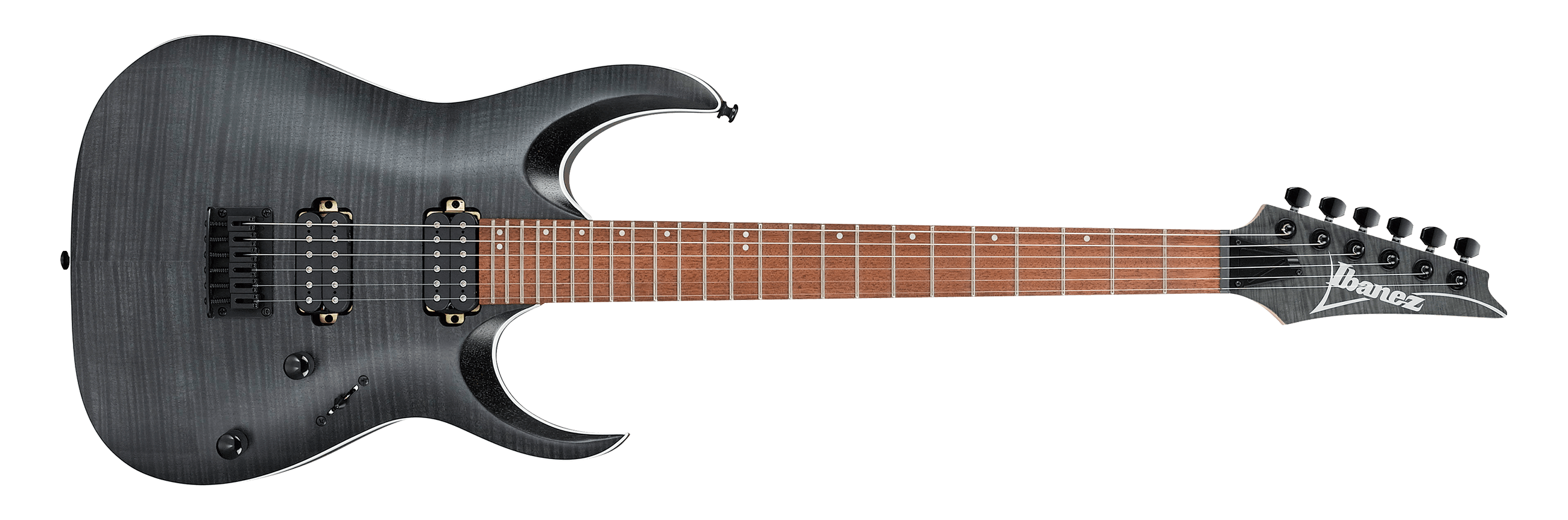 Gray electric guitar with double cutaway body, two humbucker pickups, and Ibanez logo on headstock.