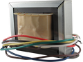 Rectangular electrical transformer with multiple colored insulated wire leads coiled around a central core.