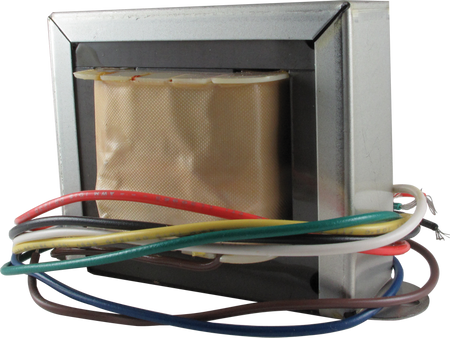 Rectangular electrical transformer with multiple colored insulated wire leads coiled around a central core.