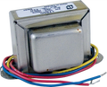 Metal transformer with colorful wires and a label showing model 1750C and electrical specifications.