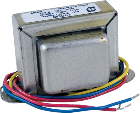 Metal transformer with colorful wires and a label showing model 1750C and electrical specifications.