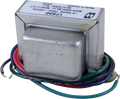 Metal transformer with multiple colored wire leads wrapped around its base and a label showing model and specifications.