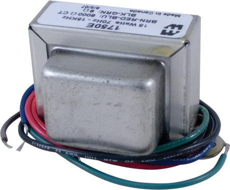 Metal transformer with multiple colored wire leads wrapped around its base and a label showing model and specifications.