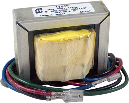 Rectangular transformer with multiple colored wires and crimp terminals on a white background.