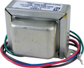 Rectangular metal transformer with colored wire leads and printed label showing model number and specifications.