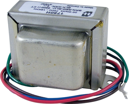 Rectangular metal transformer with colored wire leads and printed label showing model number and specifications.