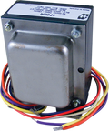 Metal transformer with multiple colored wire leads and a label showing model number and specifications.