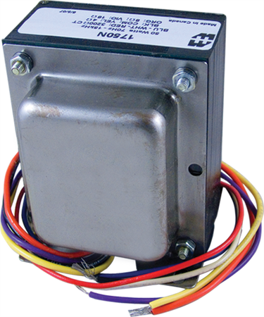 Metal transformer with multiple colored wire leads and a label showing model number and specifications.