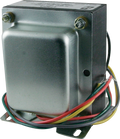 Metal electronic component with metal housing and multiple colored wire leads attached.