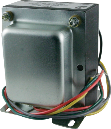Metal electronic component with metal housing and multiple colored wire leads attached.