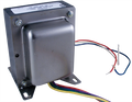 Metal transformer with several colored wire leads extending from one side.