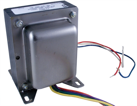 Metal transformer with several colored wire leads extending from one side.