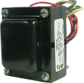 Black rectangular electrical transformer with colored wires and a white label showing model and electrical ratings.