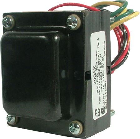 Black rectangular electrical transformer with colored wires and a white label showing model and electrical ratings.