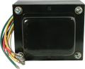 Black rectangular transformer with multiple colored wire leads and metal mounting screws on a black frame.