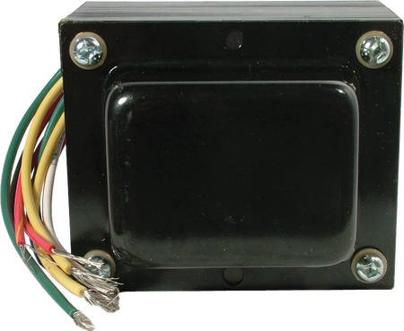 Black rectangular transformer with multiple colored wire leads and metal mounting screws on a black frame.