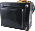 Black rectangular power transformer with four mounting screws and multiple insulated wires protruding from one side.
