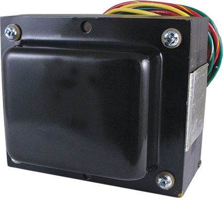 Black rectangular power transformer with four mounting screws and multiple insulated wires protruding from one side.