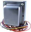 Metal-cased power transformer with multiple colored insulated wires coiled at its base.