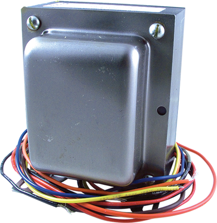 Metal-cased power transformer with multiple colored insulated wires coiled at its base.