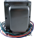 Rectangular metal transformer with multiple colored insulated wire leads wrapped around the base.