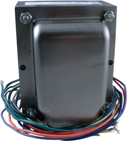 Rectangular metal transformer with multiple colored insulated wire leads wrapped around the base.