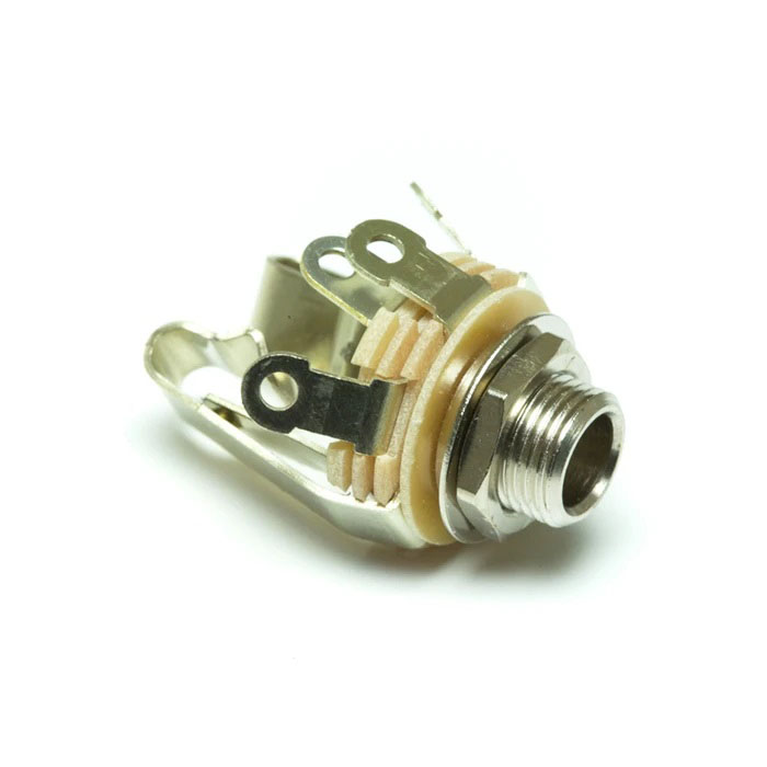 Silver metal stereo switch jack socket with beige plastic insulators and mounting nut