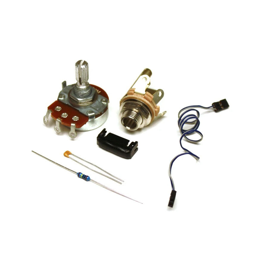 Electric guitar parts including a potentiometer, jack, resistor, capacitor, wire with connectors, and a plastic clip.