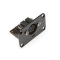 Black 13-pin circular output connector mounted on a black metal plate with screws and circuit board.