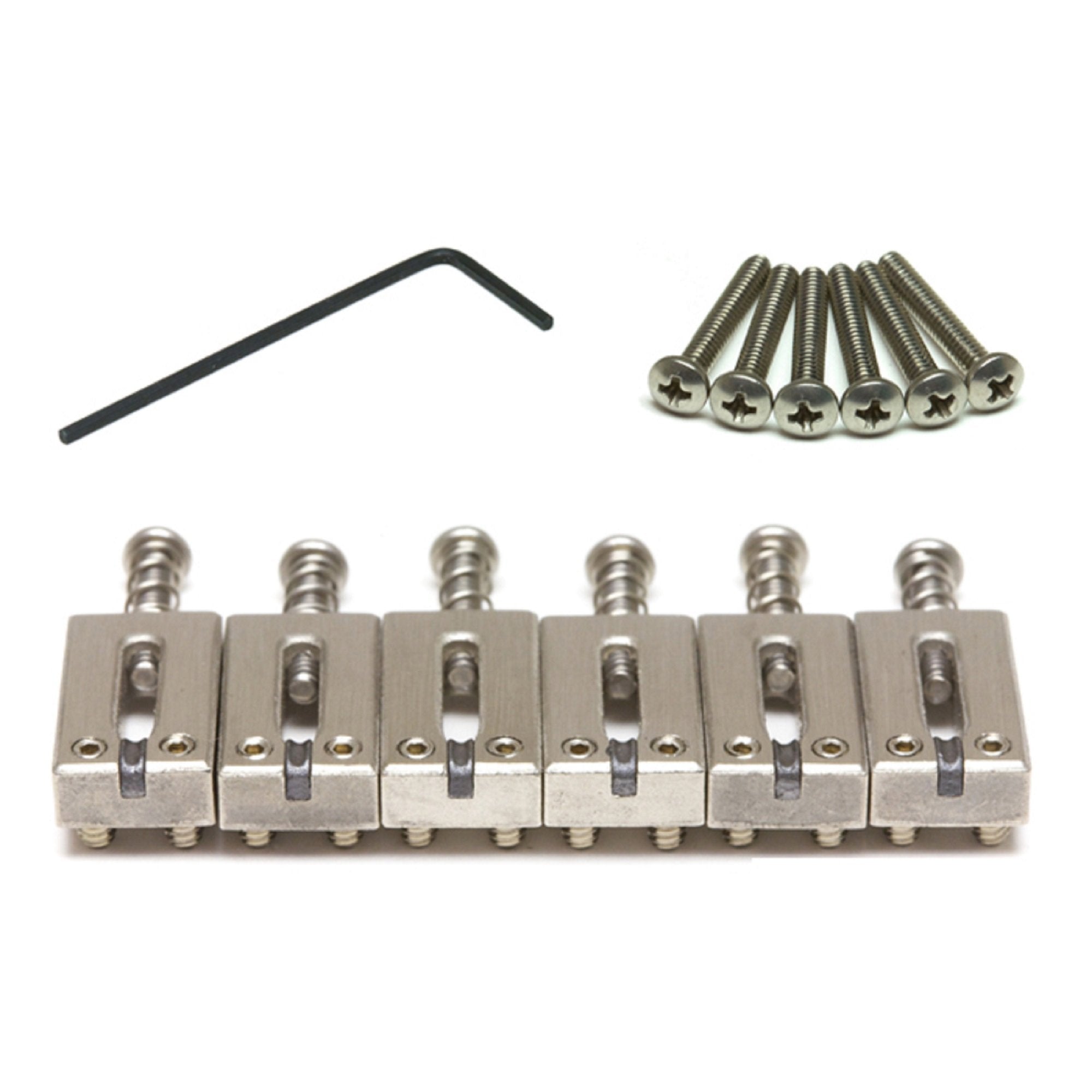 Six silver metal guitar bridge saddles with screws and a black L-shaped hex wrench on white background.