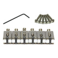 Set of six chrome metal saddles, six screws, and one black Allen key on a white background.