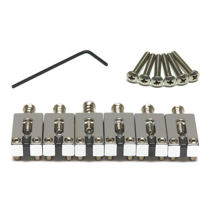Set of six chrome metal saddles, six screws, and one black Allen key on a white background.