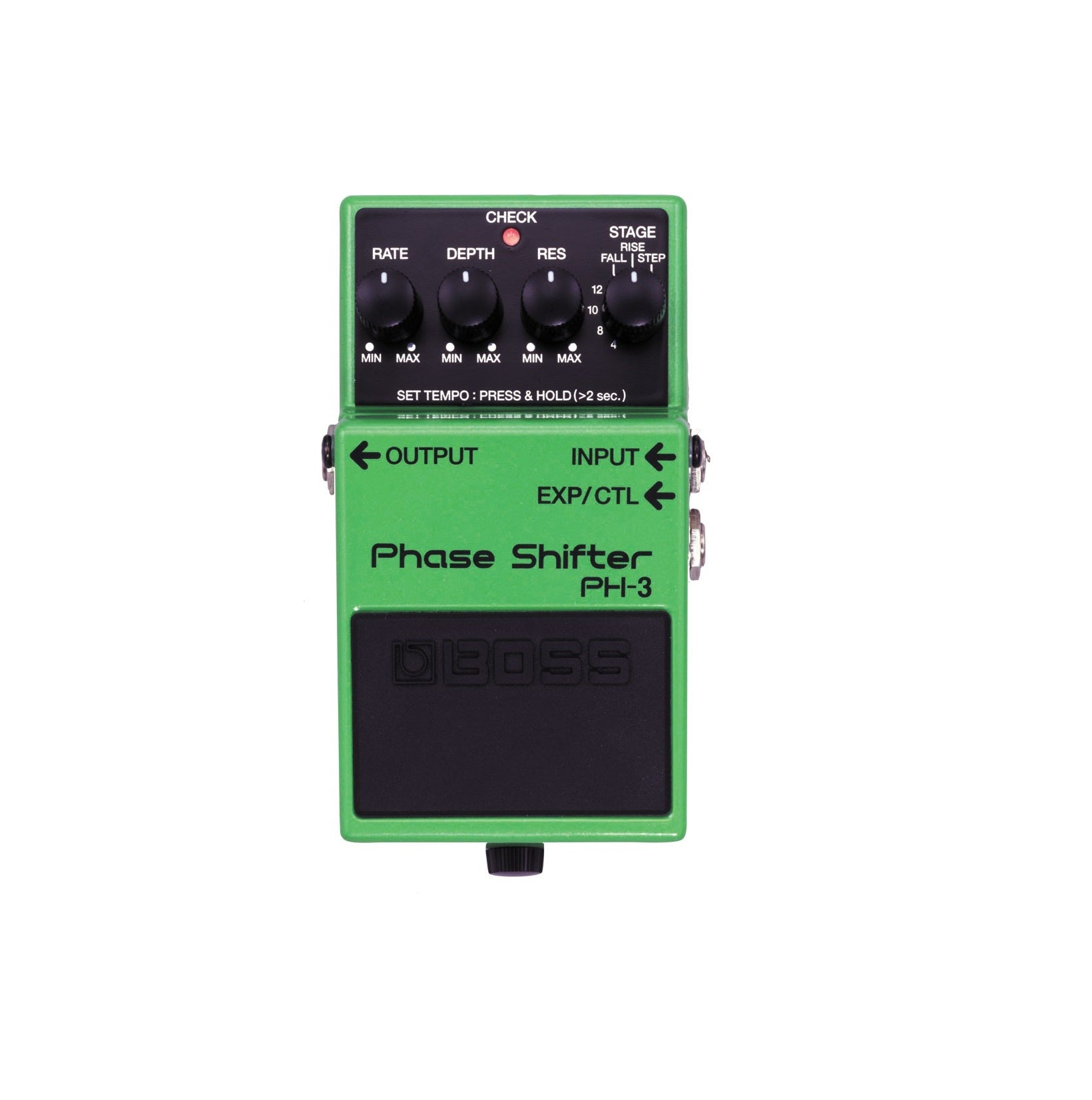 Green Boss PH-3 Phase Shifter guitar effects pedal with knobs and footswitch visible