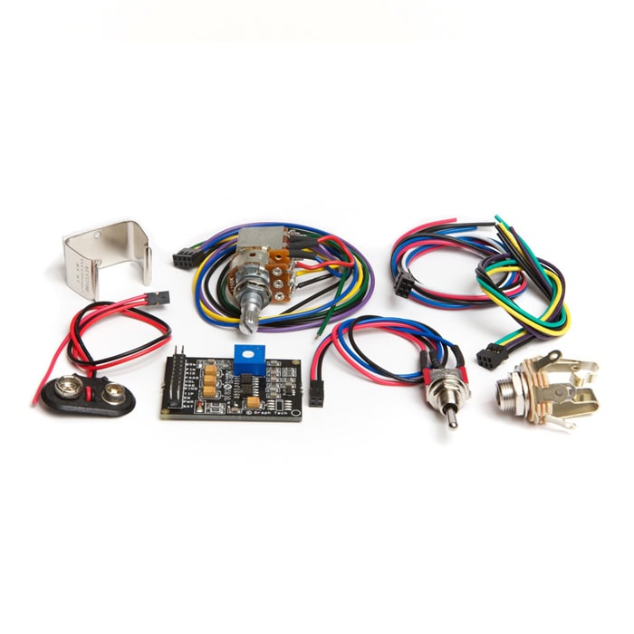 Electronic preamp kit with circuit board, rotary potentiometer, toggle switch, battery snap, jack socket, and metal bracket.