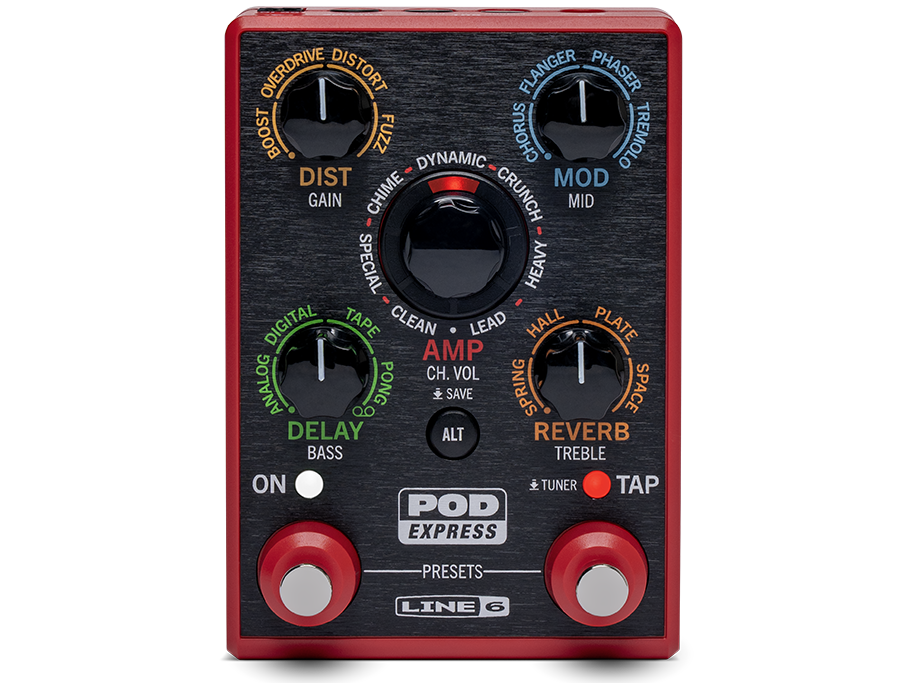 Top view of a red Line 6 POD Express guitar effects pedal with multiple knobs and two footswitches.