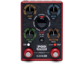 Top view of a red Line 6 POD Express guitar effects pedal with multiple knobs and two footswitches.