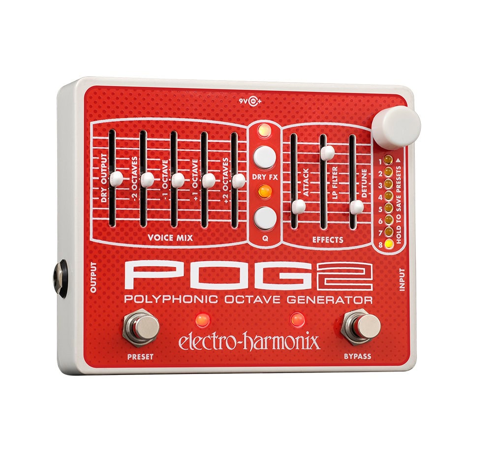 Red and white Electro-Harmonix POG 2 guitar effects pedal with sliders, knobs, buttons, and footswitches.
