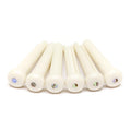 Six white bridge pins with iridescent dots arranged in a row on a white background.