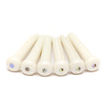 Six white bridge pins with multi-colored inlays arranged in a row on a white background.