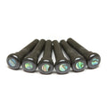 Six black bridge pins with iridescent circular inlays at the top arranged in a line