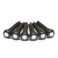 Six black bridge pins with white circular dots arranged in a row on a white background.