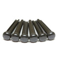 Six black bridge pins arranged in a row on a white background.