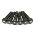 Six black bridge pins with white circular dots arranged in a row on white background.