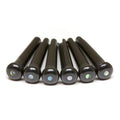 Six black cylindrical bridge pins with abalone decorative dots on tops arranged in a row on white background.