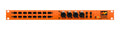 Orange audio patchbay with numbered balanced jack connectors, combo inputs, and LED indicator on front panel.