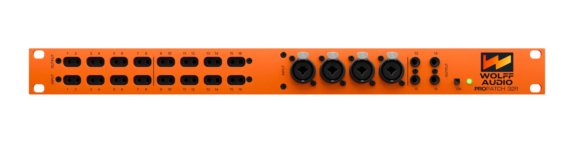 Orange audio patchbay with numbered balanced jack connectors, combo inputs, and LED indicator on front panel.