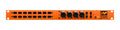Orange patchbay with multiple XLR combo and 1/4 inch connectors, push buttons, and indicator lights on front panel.