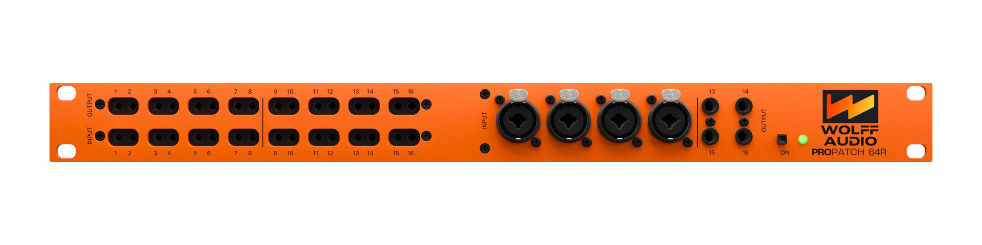 Orange patchbay with multiple XLR combo and 1/4 inch connectors, push buttons, and indicator lights on front panel.